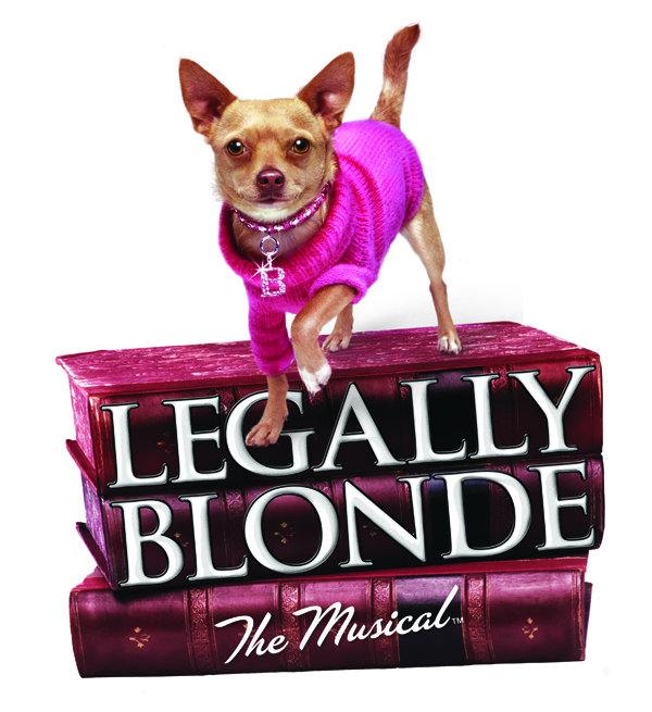 Legally Blonde Logo of chihuahua in a pink jumper on a pile of books